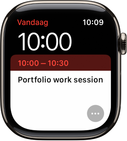 Een Agenda-scherm met een activiteit met een datum, tijd en titel. Rechtsonderin staat de knop 'Meer'.