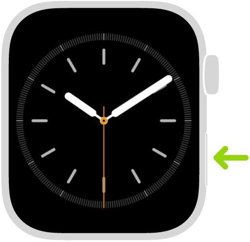 Illustrasjon av Apple Watch med en pil som peker på sideknappen nederst til høyre.