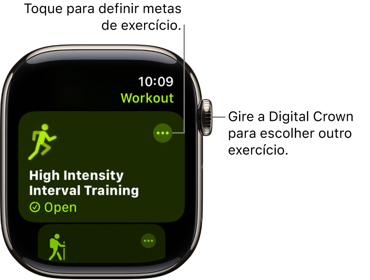 Tela do app Exercício com o exercício de treino HIIT aparecendo destacado. O botão Mais encontra-se na parte superior direita do mosaico do exercício.