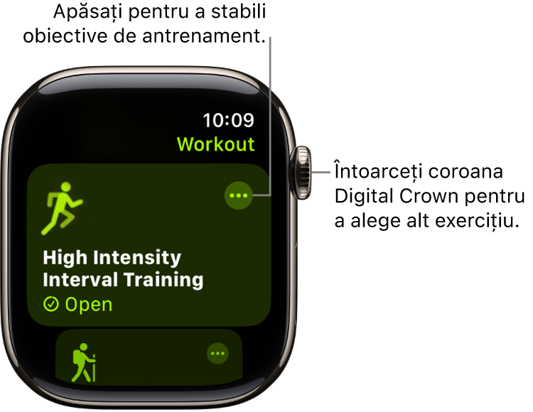 Ecranul Exerciții evidențiază un exercițiu de antrenament intens pe intervale. Butonul Mai multe se află în colțul din dreapta sus al ferestrei exercițiului.