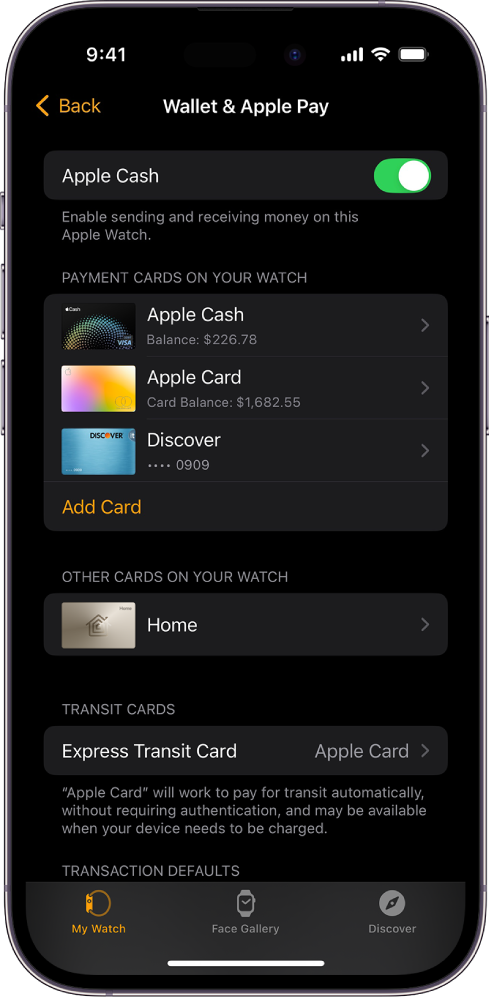 Zaslon iPhona, ki prikazuje nastavitve Denarnice in storitve Apple Pay v aplikaciji Apple Watch.