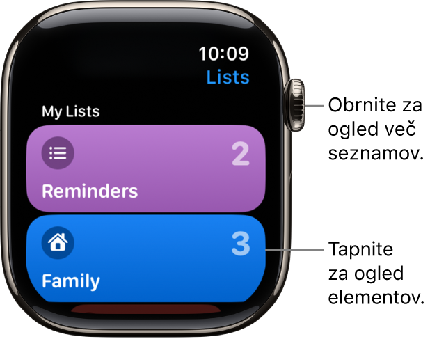 Zaslon Opomniki v aplikaciji Opomnik prikazuje dva gumba seznama – Družina in Dom. Številke na desni strani vam povedo, koliko opomnikov je na vsakem posameznem seznamu. Tapnite seznam za ogled njegovih elementov ali zavrtite gumb Digital Crown za ogled več seznamov.