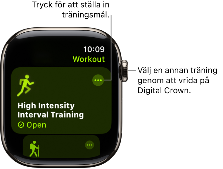 Skärmen Träning med Högintensiv intervallträning markerad. Högst upp till höger på träningsrutan finns en merknapp.