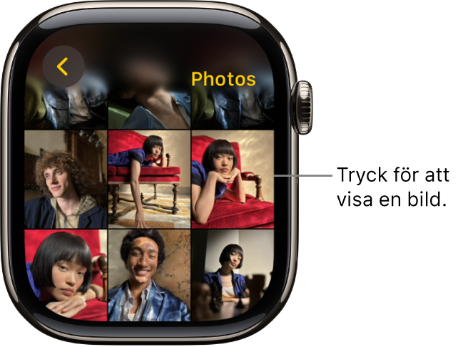 Huvudskärmen i appen Bilder på Apple Watch med flera bilder som visas i ett rutnät.