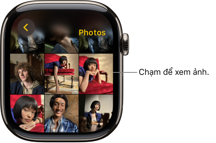 Màn hình chính của ứng dụng Ảnh trên Apple Watch, với một số ảnh được hiển thị trong lưới.