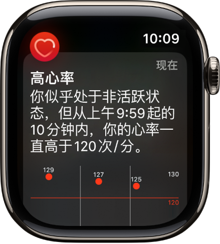 “心率提醒”屏幕，指示检测到心率较高。