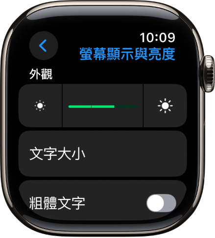 Apple Watch 上的「螢幕顯示與亮度」設定，最上方為「亮度」滑桿，下方為「文字大小」按鈕。