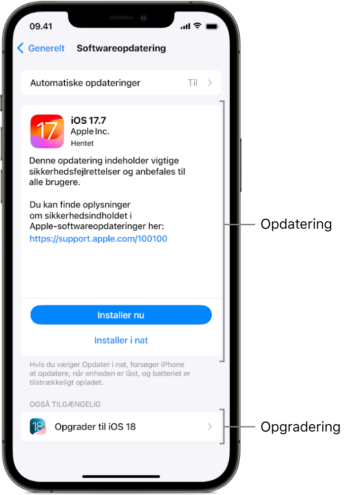 En iPhone-skærm, der viser en opdatering til iOS 17.7 eller en opgradering til iOS 18.