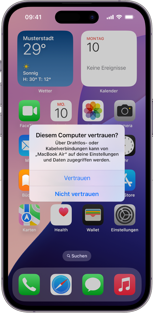 Auf einem iPad wird das Dialogfenster „Diesem Computer vertrauen?“ Dialog der angezeigt, wenn das erste Mal ein MacBook Air verbunden wird.