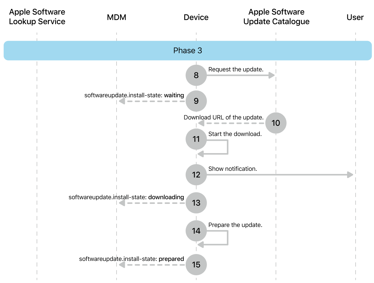 Phase 3 showing steps 8 to 16 of Apple software update enforcement.