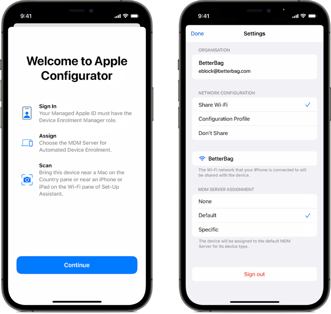 Apple Configurator for iPhone showing two screens; one is the main screen showing the Welcome window and the second one is showing the Default MDM server selected as the automatic assignment for devices.