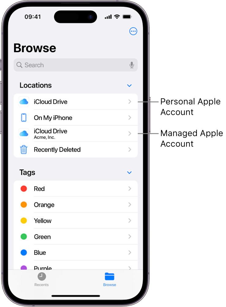 An iPhone screen showing the iCloud Drive for a user’s personal Apple Account and their Managed Apple Account.