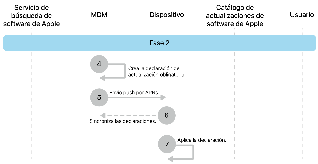 Fase 2 con los pasos del 4 al 7 de la imposición de una actualización de software de Apple.