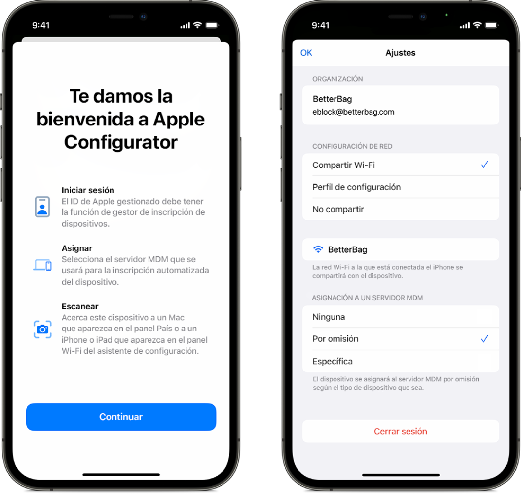 Apple Configurator para el iPhone, que muestra dos pantallas: una es la pantalla principal, que muestra la ventana de bienvenida, y otra que muestra el servidor MDM seleccionado por omisión como la asignación automática de dispositivos.