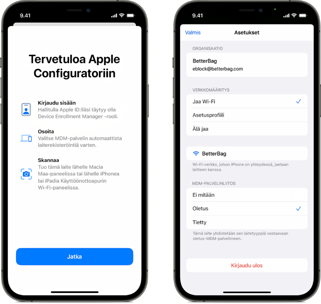iPhonen Apple Configurator, jossa näkyy kaksi näyttöä. Toinen on päänäyttö, jossa näkyy tervetuloikkuna, ja toisessa näkyy oletus-MDM-palvelin, joka on valittu laitteiden automaattista liittämistä varten.