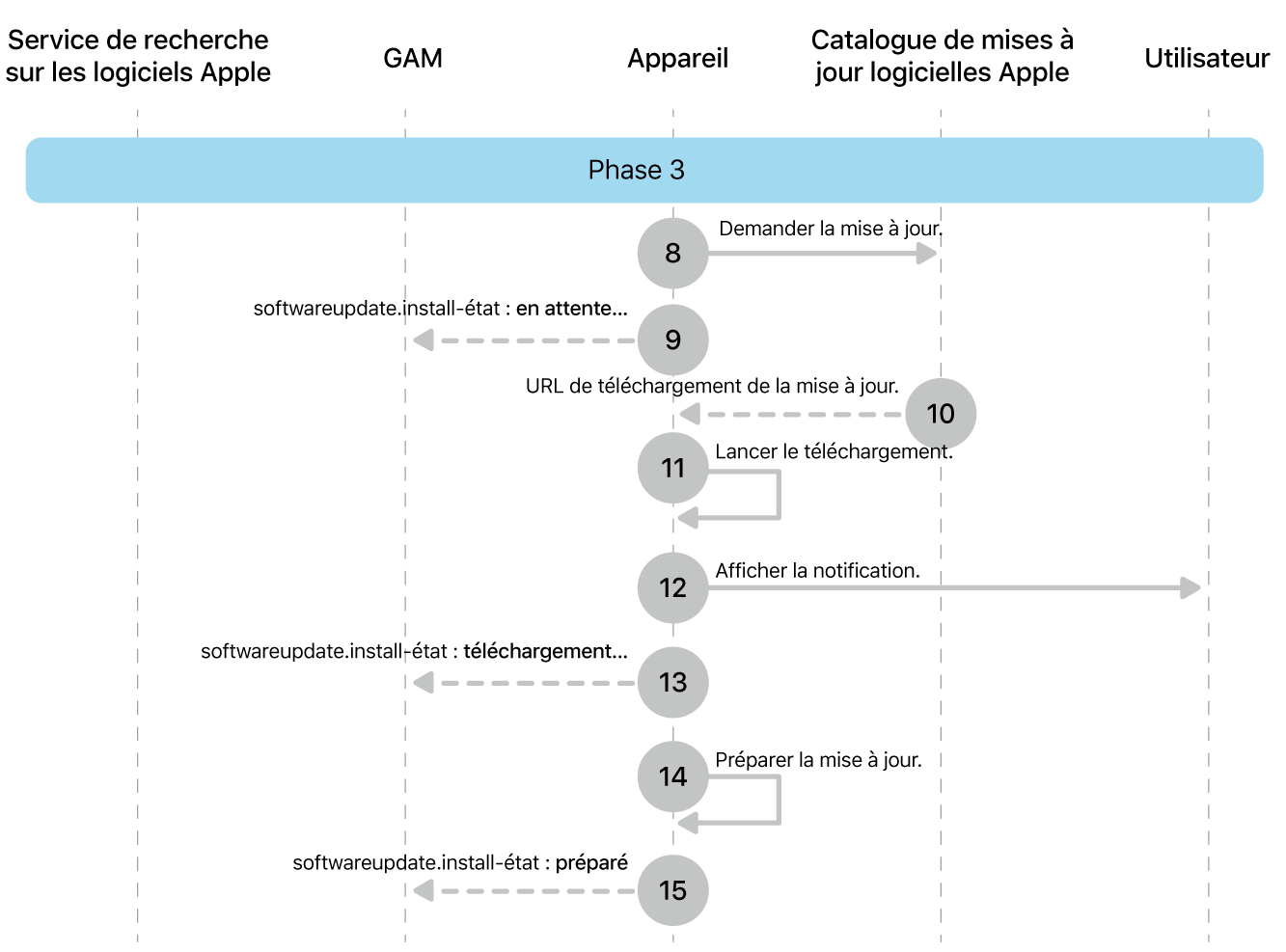 Phase 3 montrant les étapes 8 à 16 de l’application de la mise à jour logicielle d’Apple.