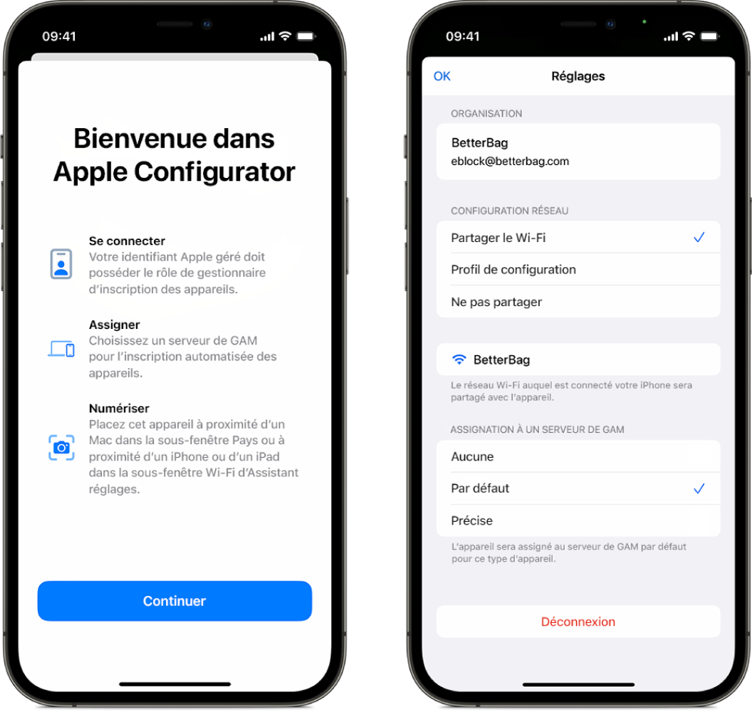 Apple Configurator pour iPhone affiche deux écrans : l’écran principal affichant la fenêtre de bienvenue et un écran affichant le serveur de GAM par défaut sélectionné pour l’assignation automatique des appareils.