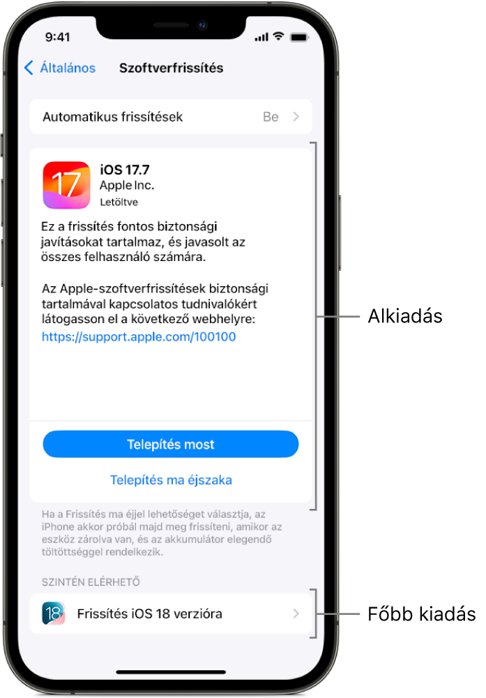 Egy iPhone kijelzője mutat egy alverziós frissítést iOS 17.7 rendszerre vagy főverziós frissítést iOS 18 rendszerre.