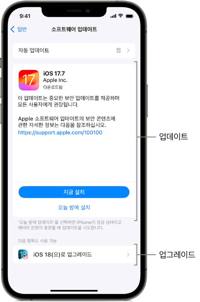 iOS 17.7 업데이트 또는 iOS 18 업그레이드를 표시한 iPhone 화면.