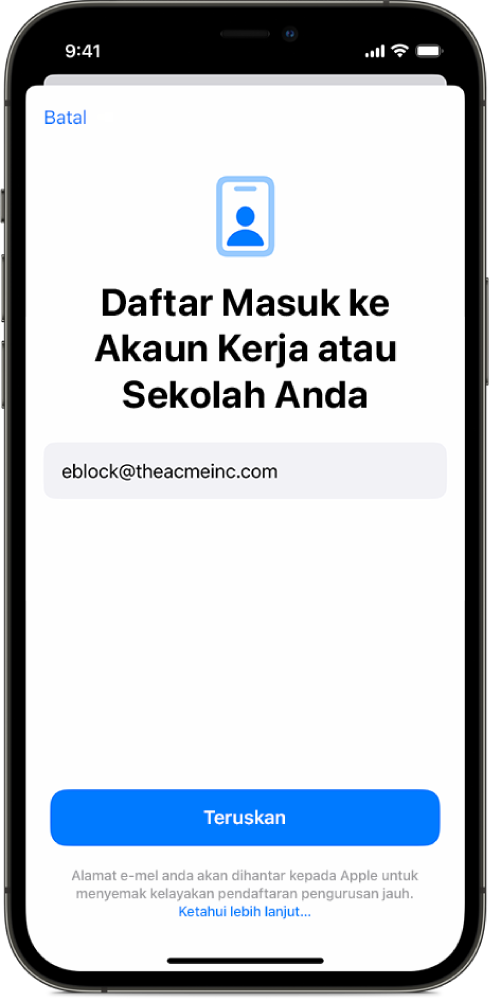 Skrin iPhone menunjukkan antara muka Pendaftaran Pengguna.