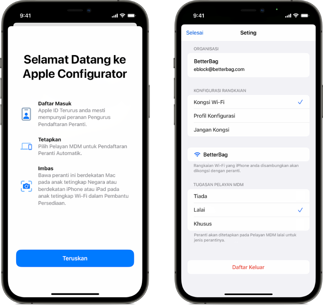 Apple Configurator untuk iPhone menunjukkan dua skrin, satu skrin ialah skrin utama yang menunjukkan tetingkap Selamat Datang dan skrin kedua menunjukkan pelayar MDM Lalai dipilih sebagai penetapan automatik untuk peranti.