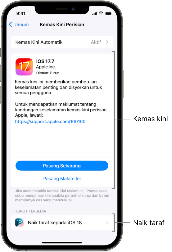 Skrin iPhone menunjukkan kemas kini kepada iOS 17.7 atau naik taraf kepada iOS 18.