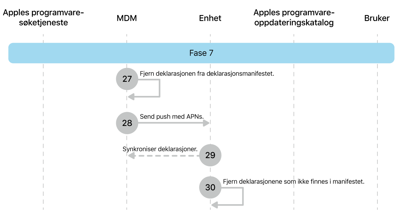 Fase 7 viser trinn 27 til 30 for håndheving av oppdatering av Apple-programvare.