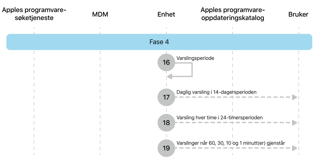 Fase 4 viser trinn 16 til 19 for håndheving av oppdatering av Apple-programvare.