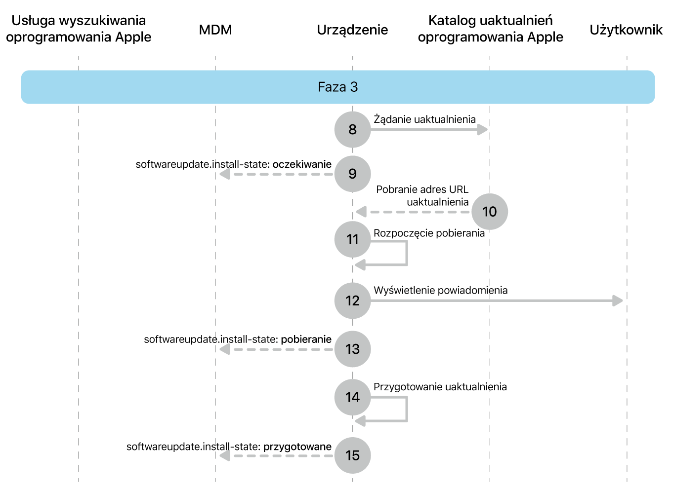Faza 3 przedstawiająca etapy wymuszania uaktualniania oprogramowania Apple od 8 do 16.