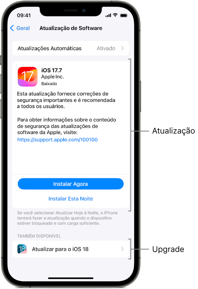 Tela do iPhone mostrando uma atualização secundária para o iOS 17.7 ou uma atualização principal para o iOS 18.