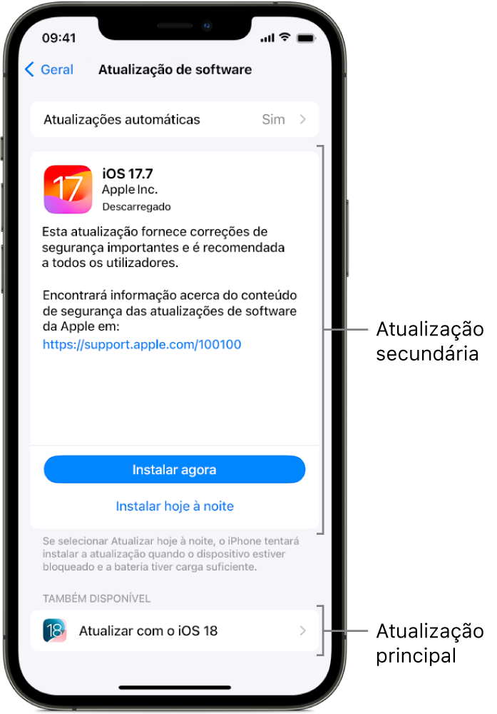 O ecrã de um iPhone com uma atualização secundária para o iOS 17.7 ou uma atualização principal para o iOS 18.