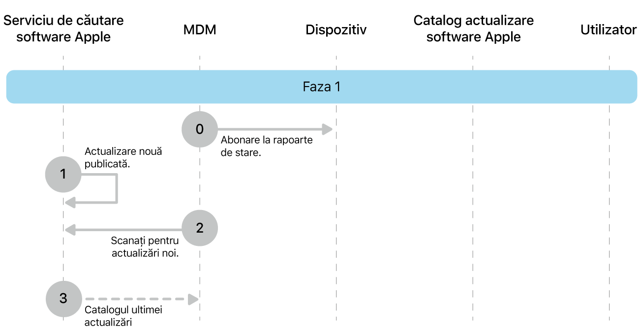 Faza 1 afișând pașii de la 0 la 3 ai impunerii actualizării de software Apple.