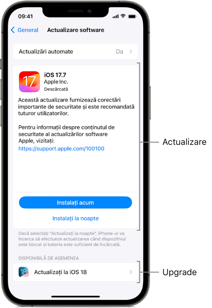 Ecranul unui iPhone afișând o actualizare la iOS 17.7 sau un upgrade la iOS 18.