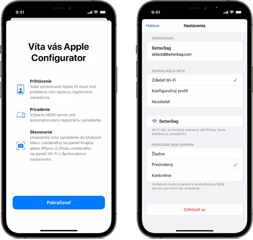 V Apple Configuratore pre iPhone sa zobrazujú dve obrazovky – hlavná obrazovka s uvítacím oknom a druhá obrazovka, na ktorej je na automatické priradenie zariadení vybraný predvolený server MDM.