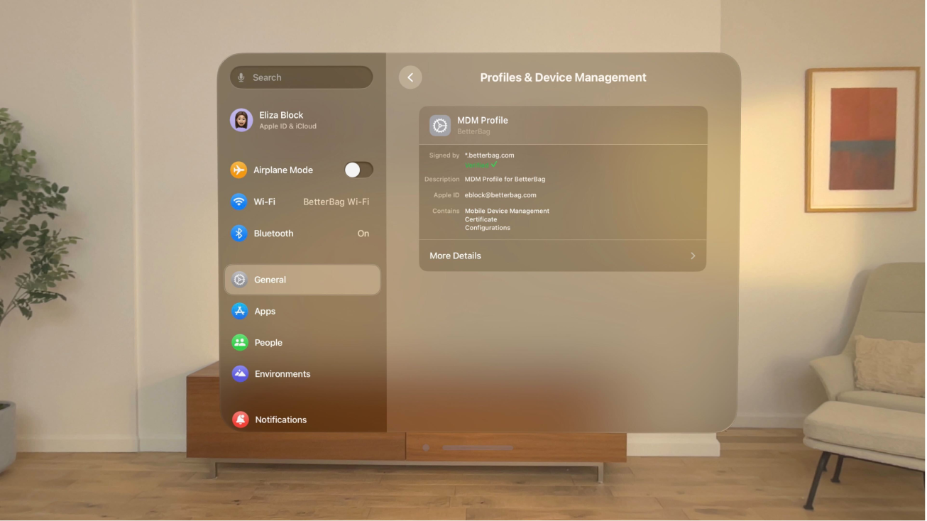 Apple Vision Pro visar skärmen Profiler och enhetshantering med en signerad profil.