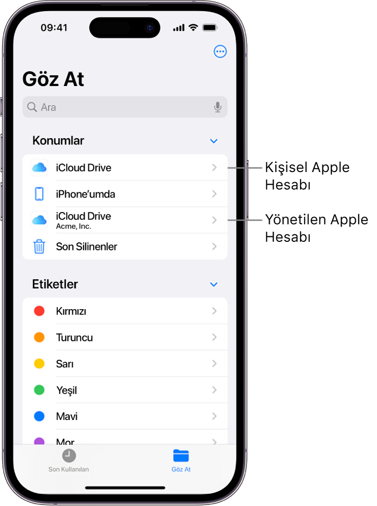 Bir kullanıcının kişisel Apple Hesabı ve Yönetilen Apple Hesabı için iCloud Drive’ı gösteren iPhone ekranı.