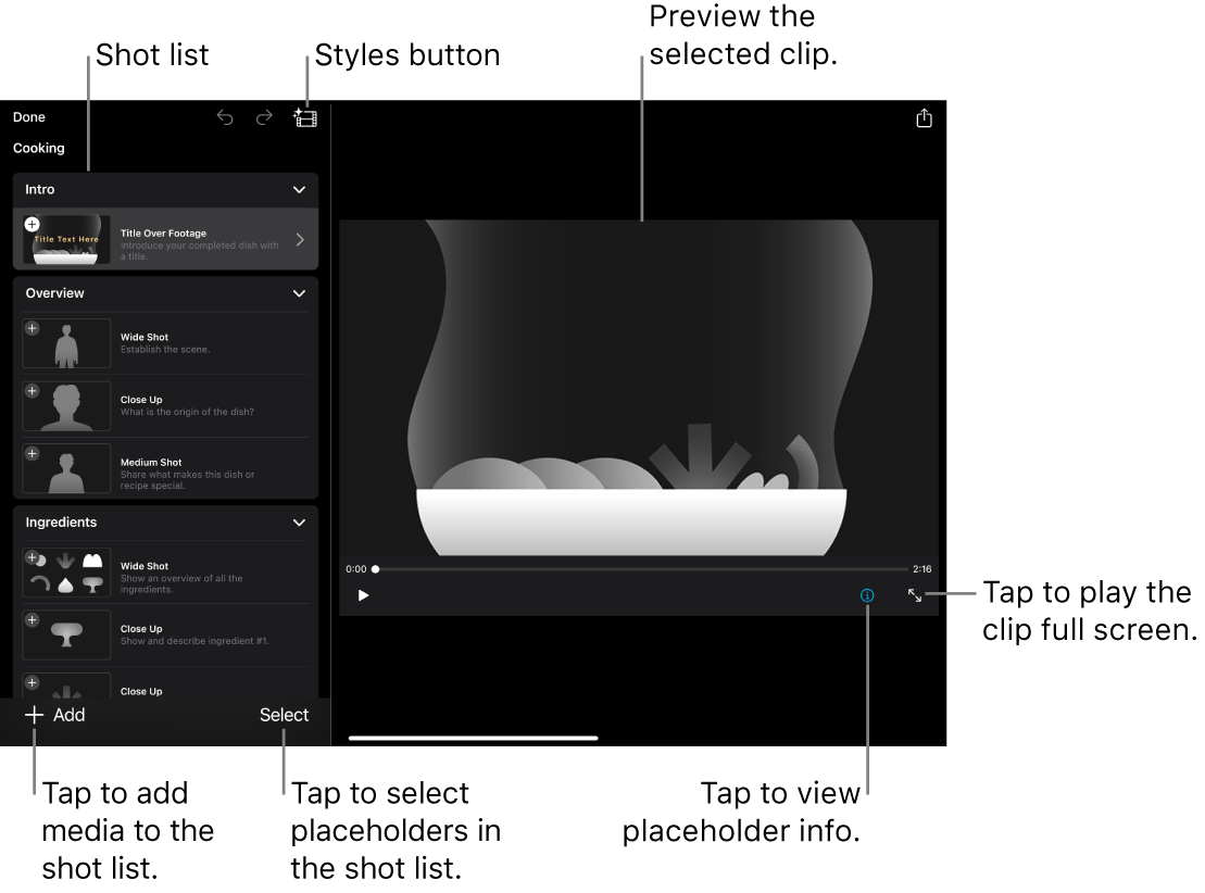 An open Storyboard project, with the selected placeholder clip appearing in the viewer and the shot list below.