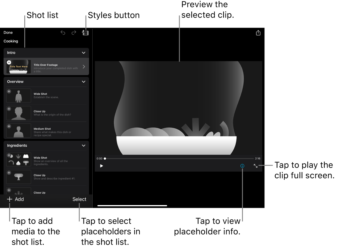 An open Storyboard project, with the selected placeholder clip appearing in the viewer and the shot list below.