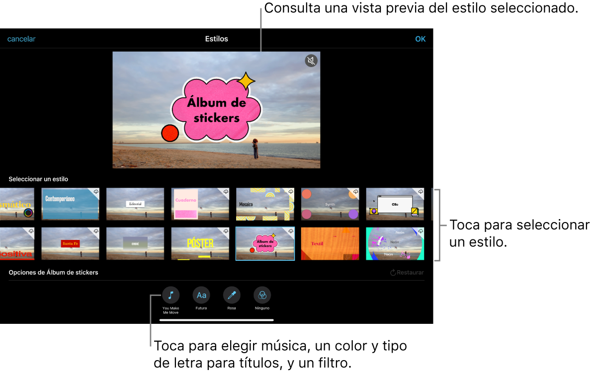 El visor mostrando una vista previa de un estilo seleccionado con opciones de estilo en la parte inferior. Los botones para agregar música, aplicar un filtro y seleccionar el color y tipo de letra de los títulos se encuentran en la parte inferior de la pantalla.