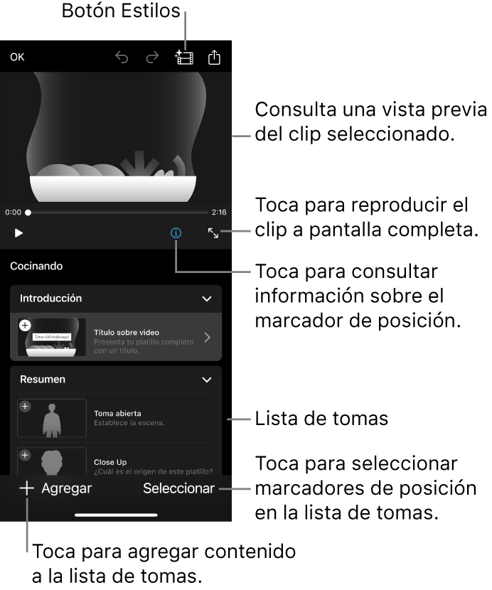 Un proyecto de guion gráfico con el clip de marcador de posición seleccionado mostrándose en el visor y en la lista de planos en la parte inferior.