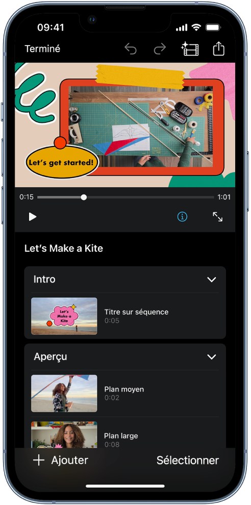 Un projet de story-board dans iMovie sur un iPhone.