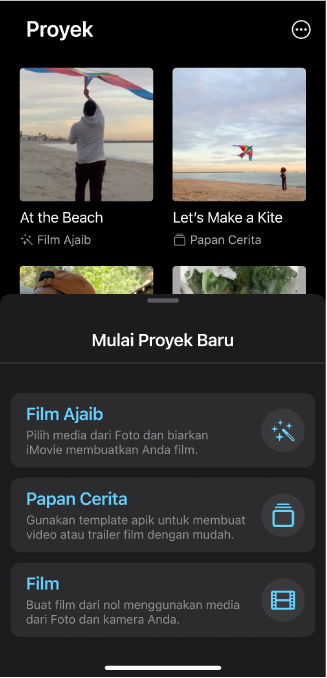 Browser Proyek menampilkan gambar mini proyek yang ada dan tombol Mulai Proyek Baru di bawah.