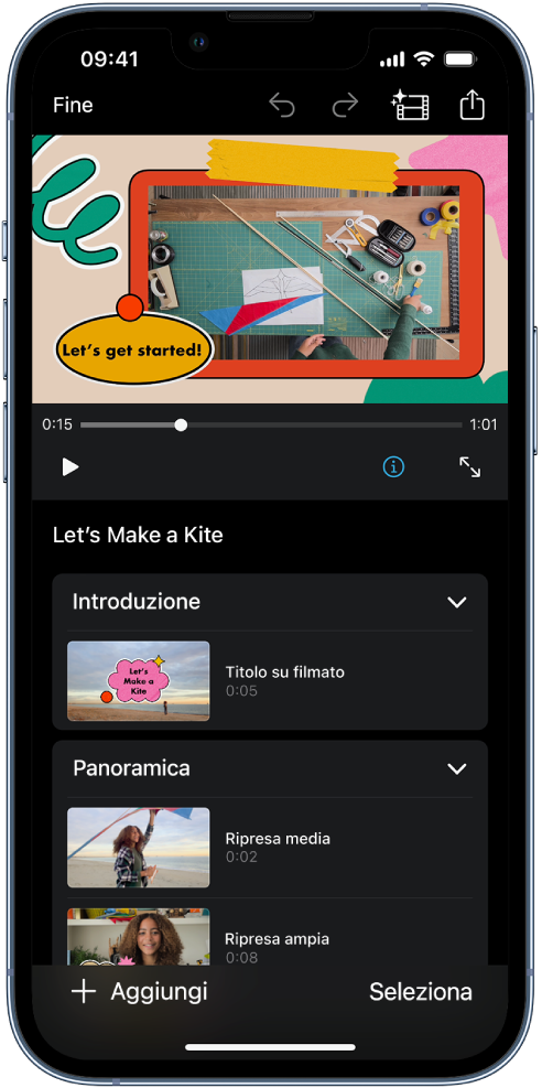 Progetto di storyboard in iMovie su iPhone.