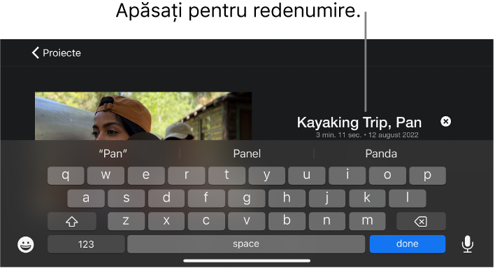 Titlul unui proiect în curs de editare, cu tastatura afișată mai jos.