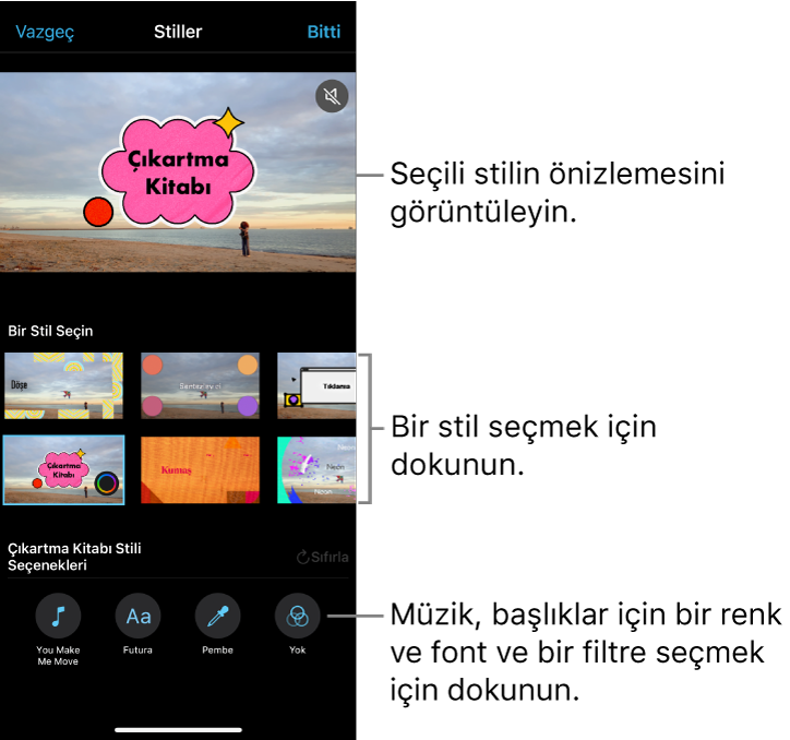 Seçili stilin önizlemesini gösteren görüntüleyici, altta da stil seçenekleri. Müzik ekleme, başlıklar için renk ve font seçme ve filtre uygulama düğmeleri ekranın en altında yer alır.