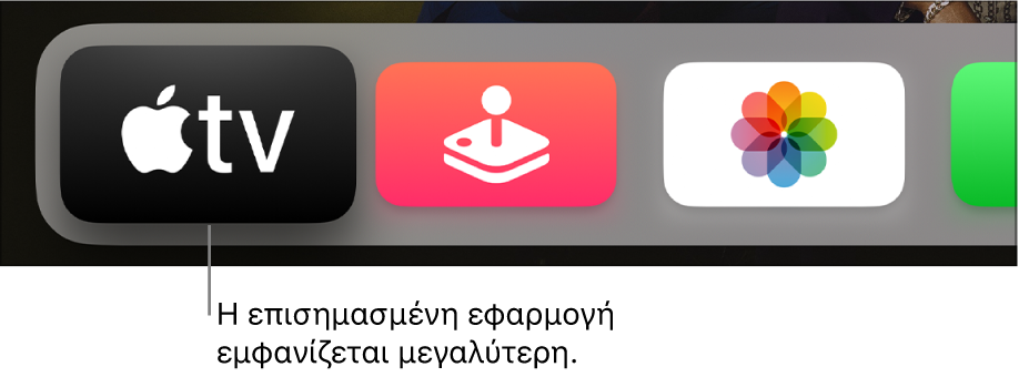 Η εφαρμογή Apple TV είναι επισημασμένη στην πάνω σειρά της οθόνης Αφετηρίας του Apple TV.