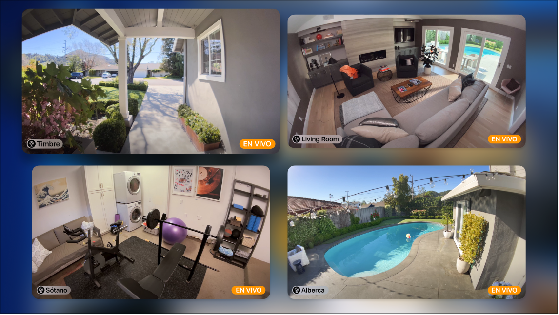 Pantalla del Apple TV mostrando varias cámaras en la vista de HomeKit