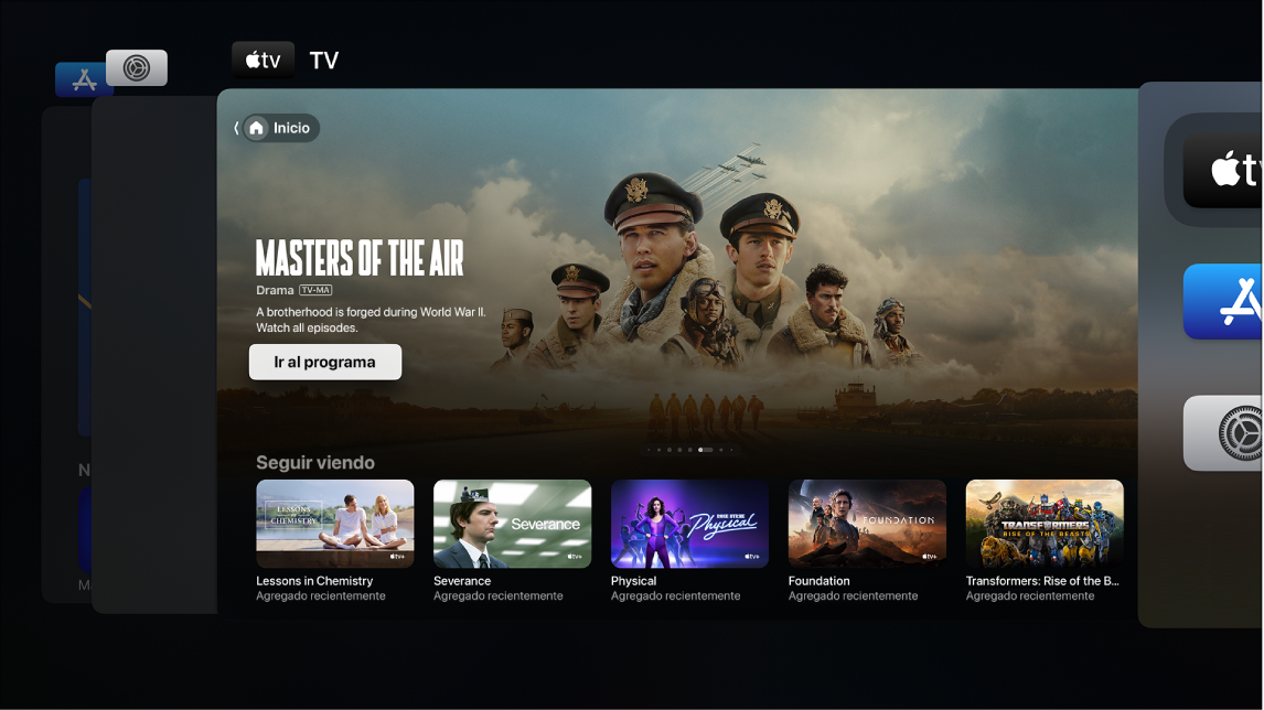 Pantalla del Apple TV mostrando el selector de apps