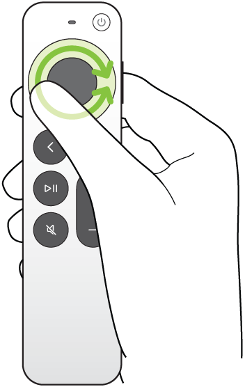 Illustration qui montre le balayage circulaire de l’anneau de la surface cliquable de la télécommande (2e génération ou ultérieure) pour le défilement avant ou arrière de la vidéo