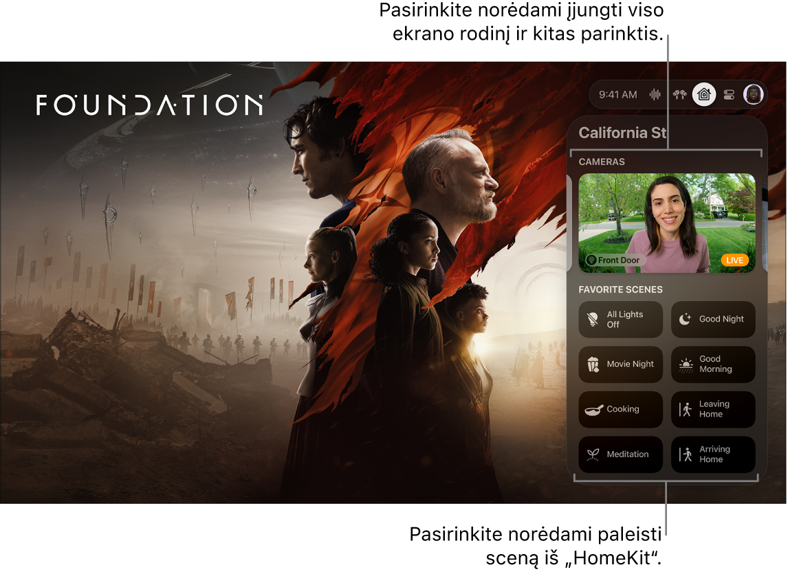 „Apple TV“ ekrane rodomas skirtukas „HomeKit“.